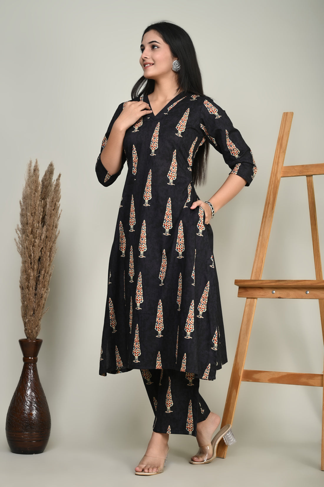 Black Ajarak Leave Cotton Kurta Set