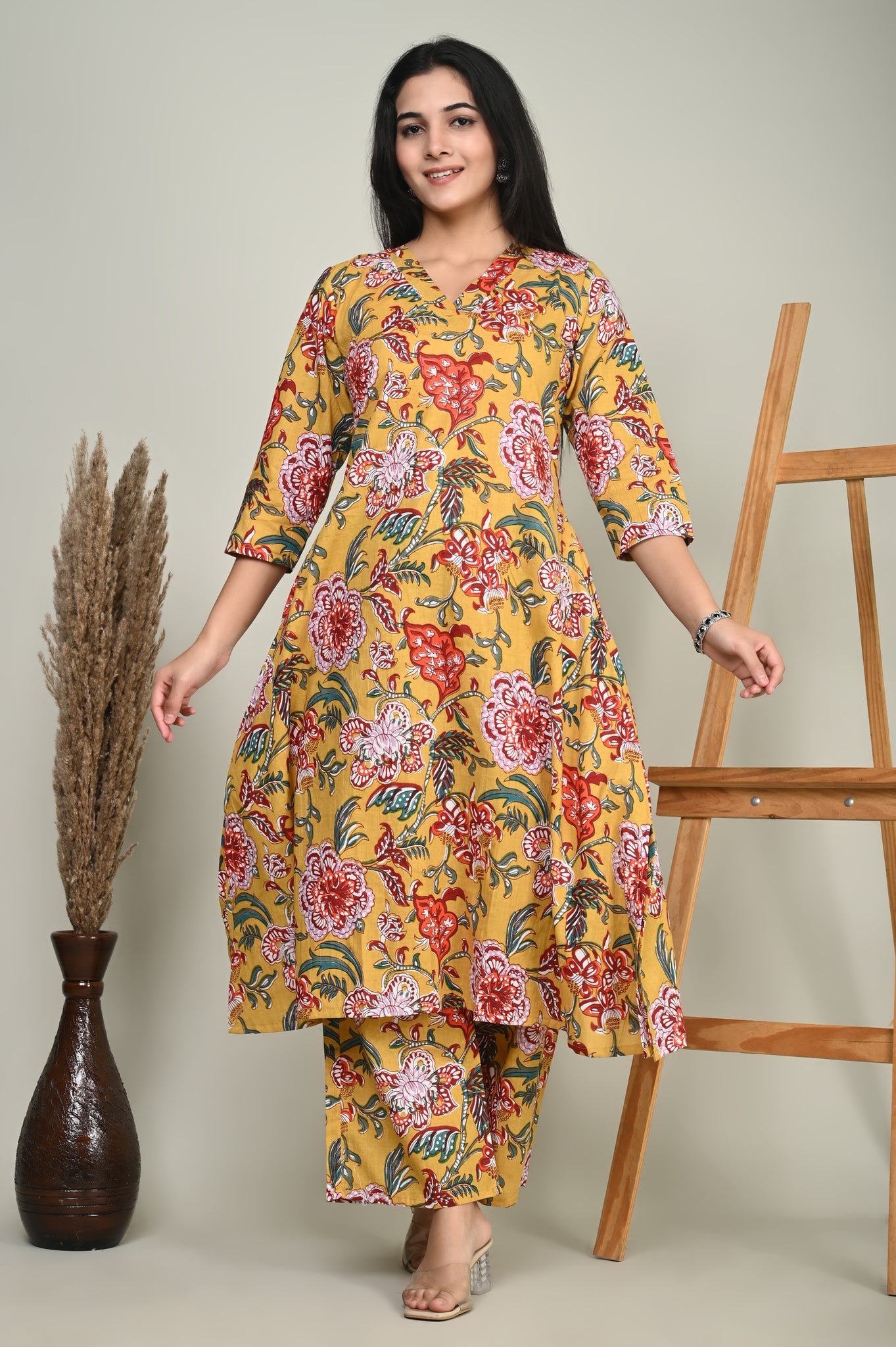 Yellow Floral Cotton Kurta Set