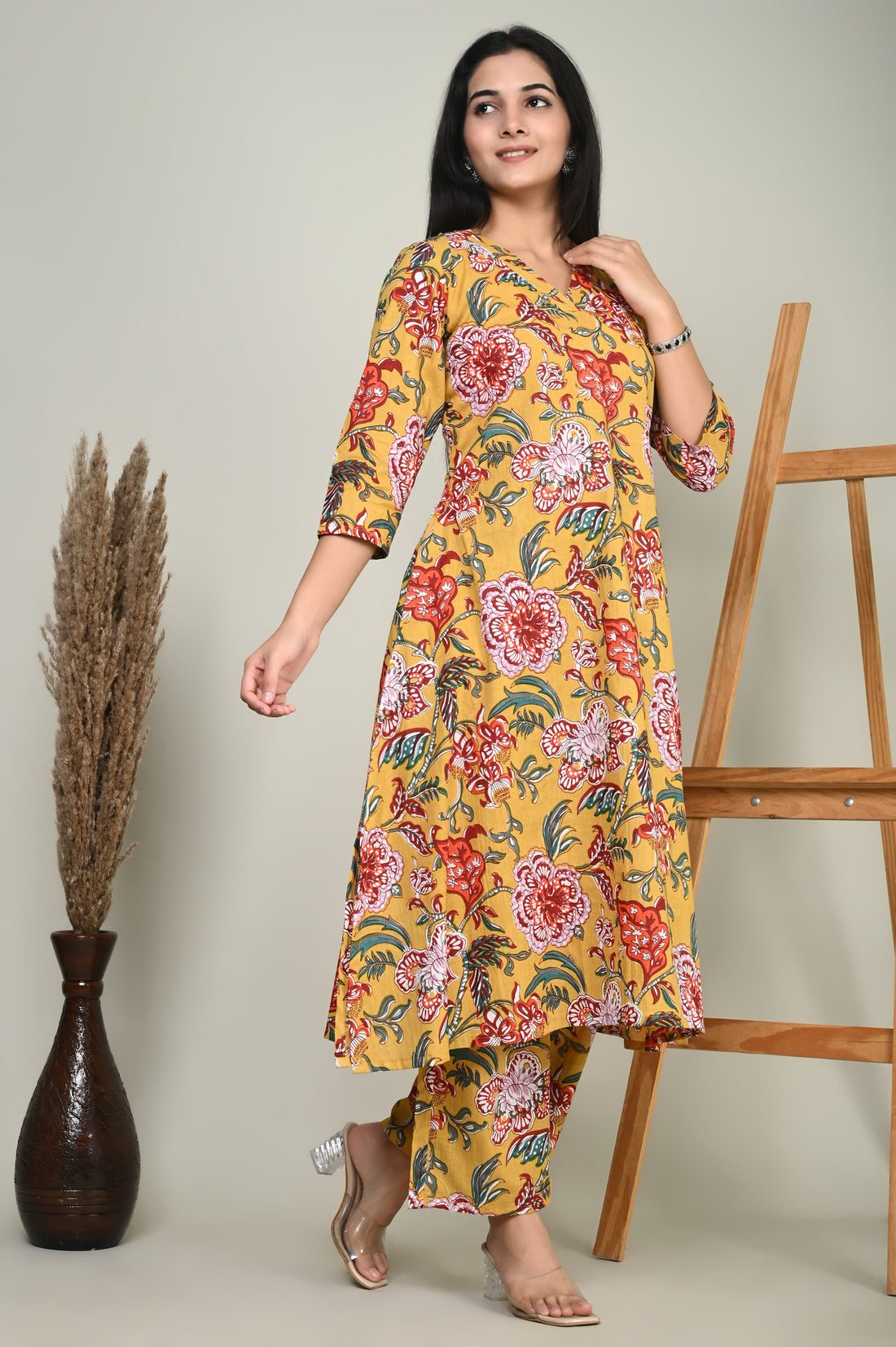 Yellow Floral Cotton Kurta Set