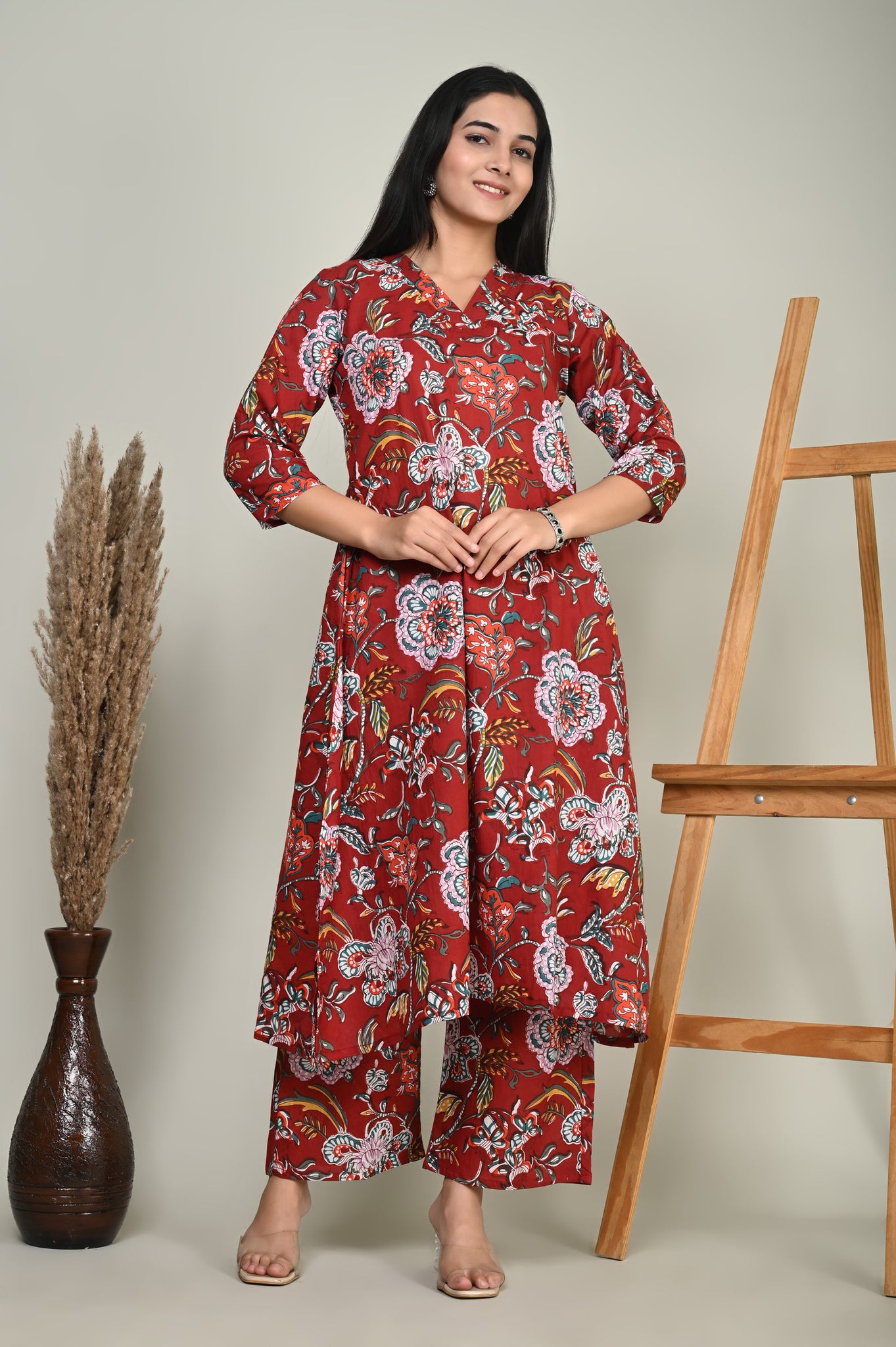 Red Floral Cotton Kurta Set