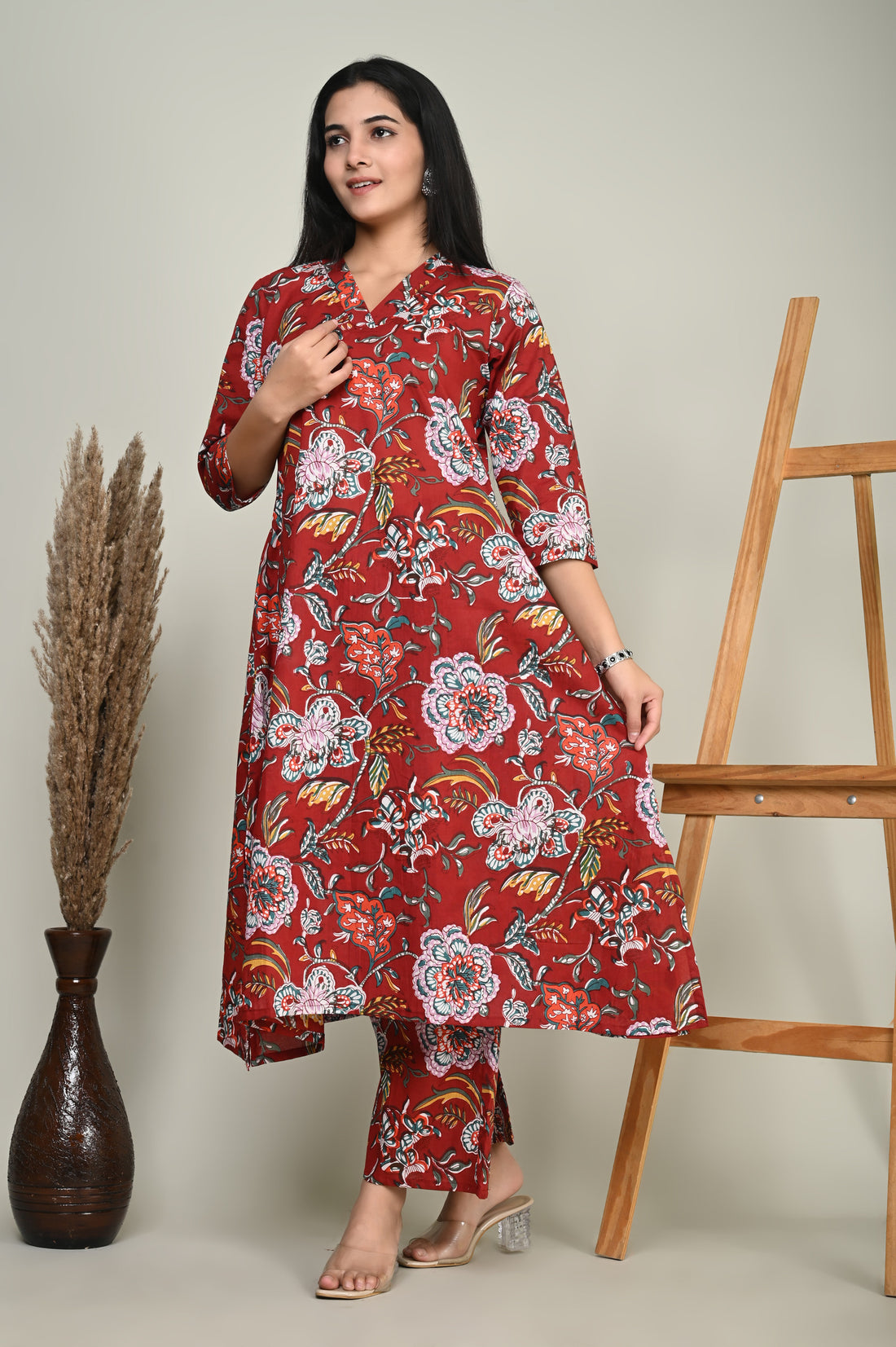 Red Floral Cotton Kurta Set
