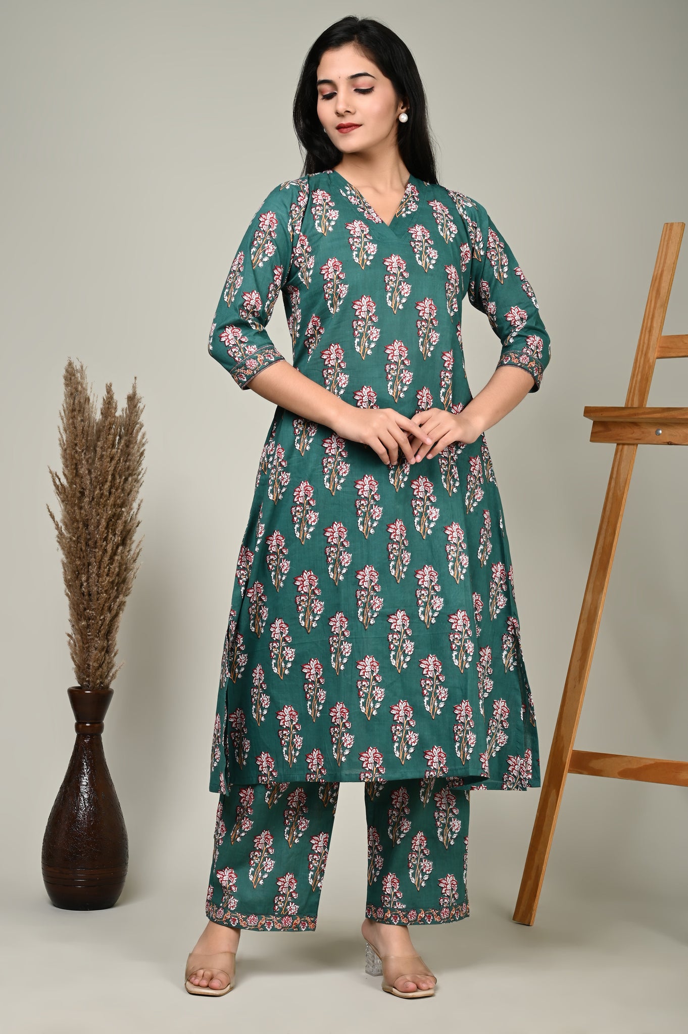 Green Motif Cotton Kurta Set