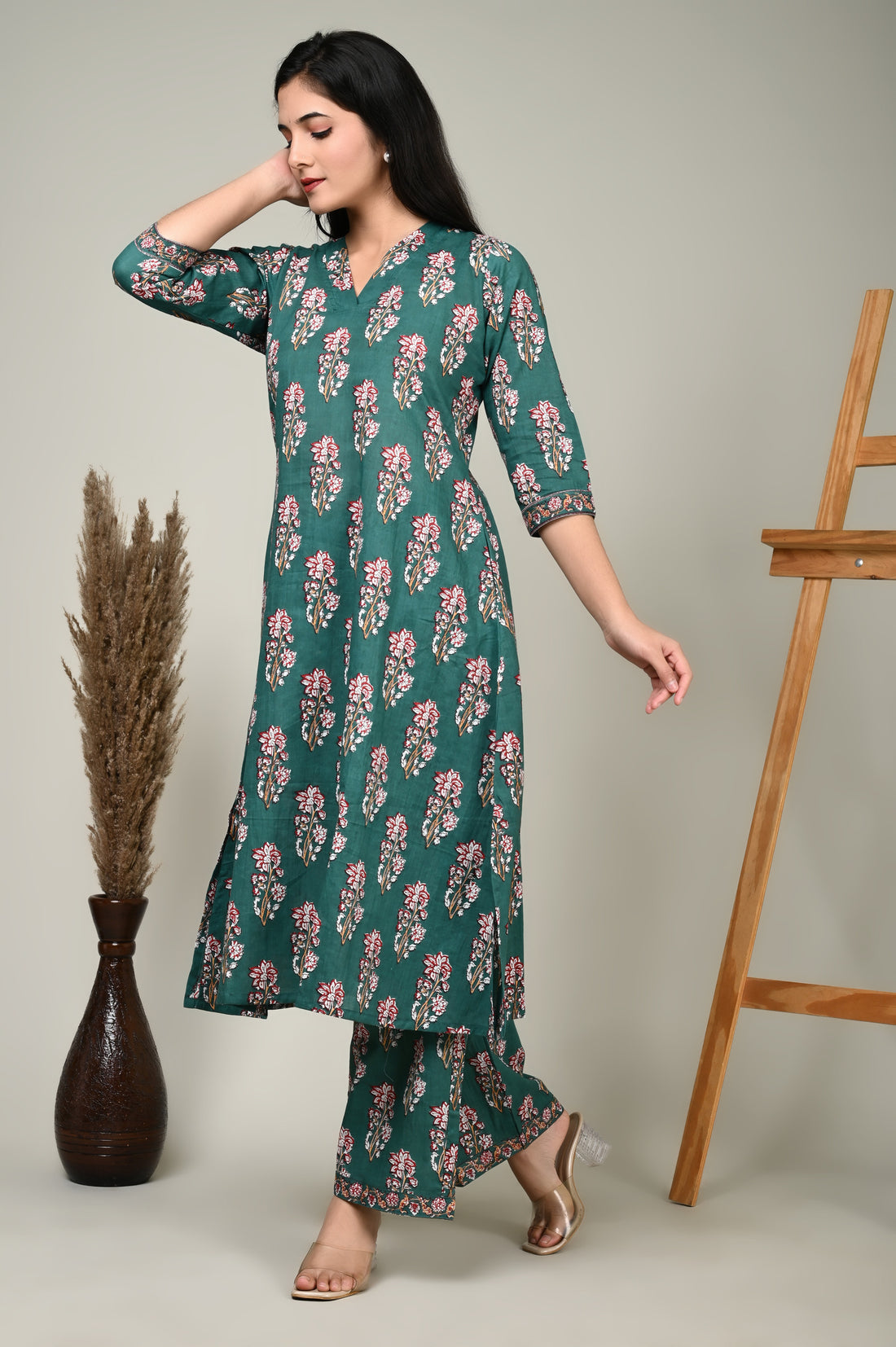Green Motif Cotton Kurta Set