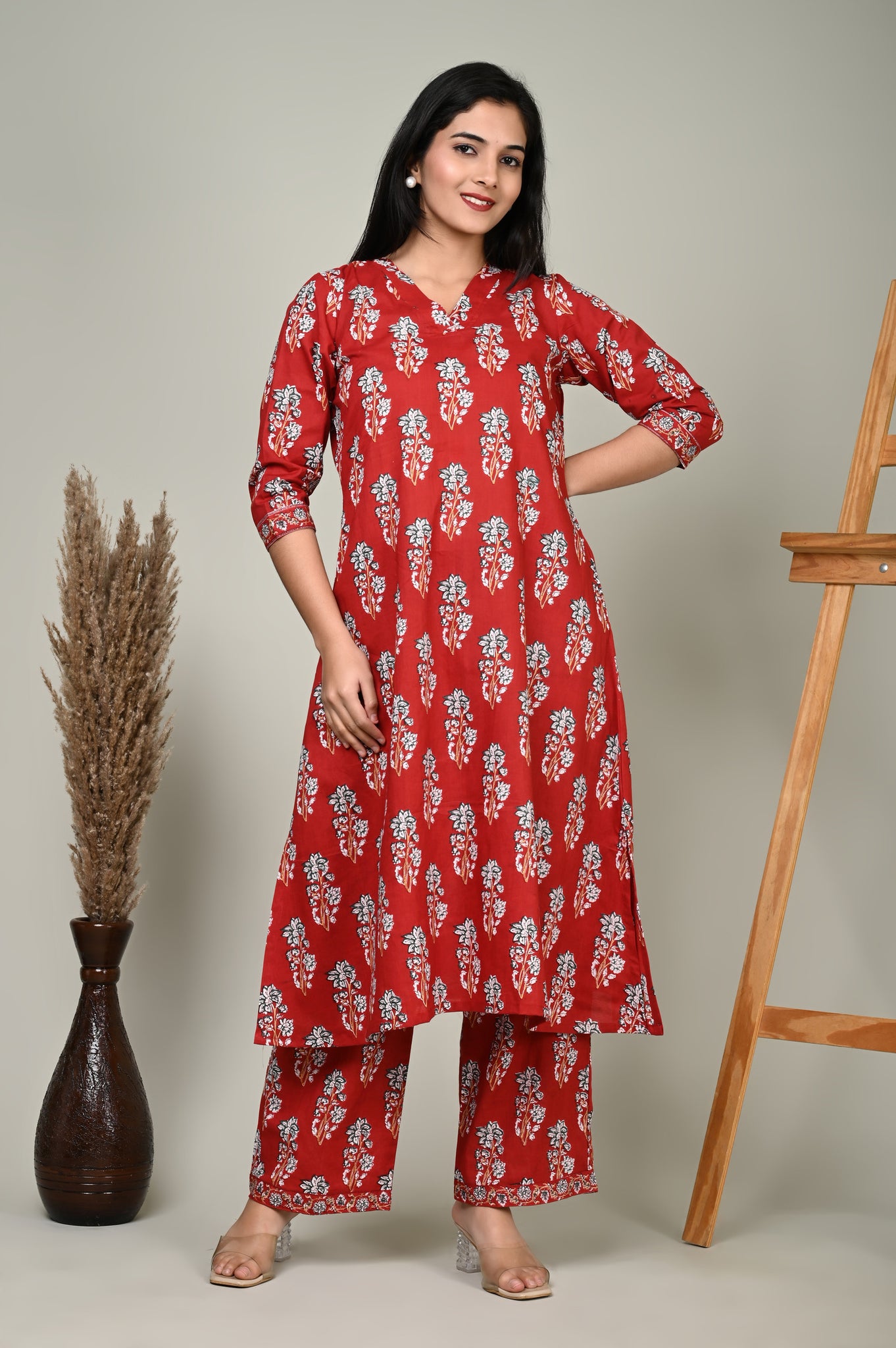 Red Motif Cotton Kurta Set