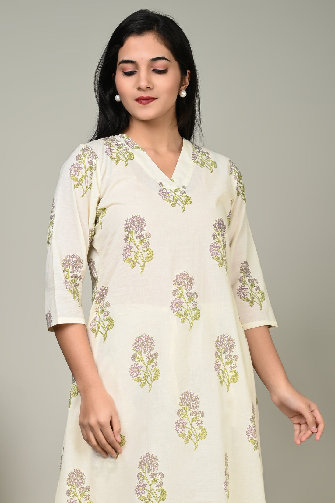 Cream Butta Cotton Kurta Set