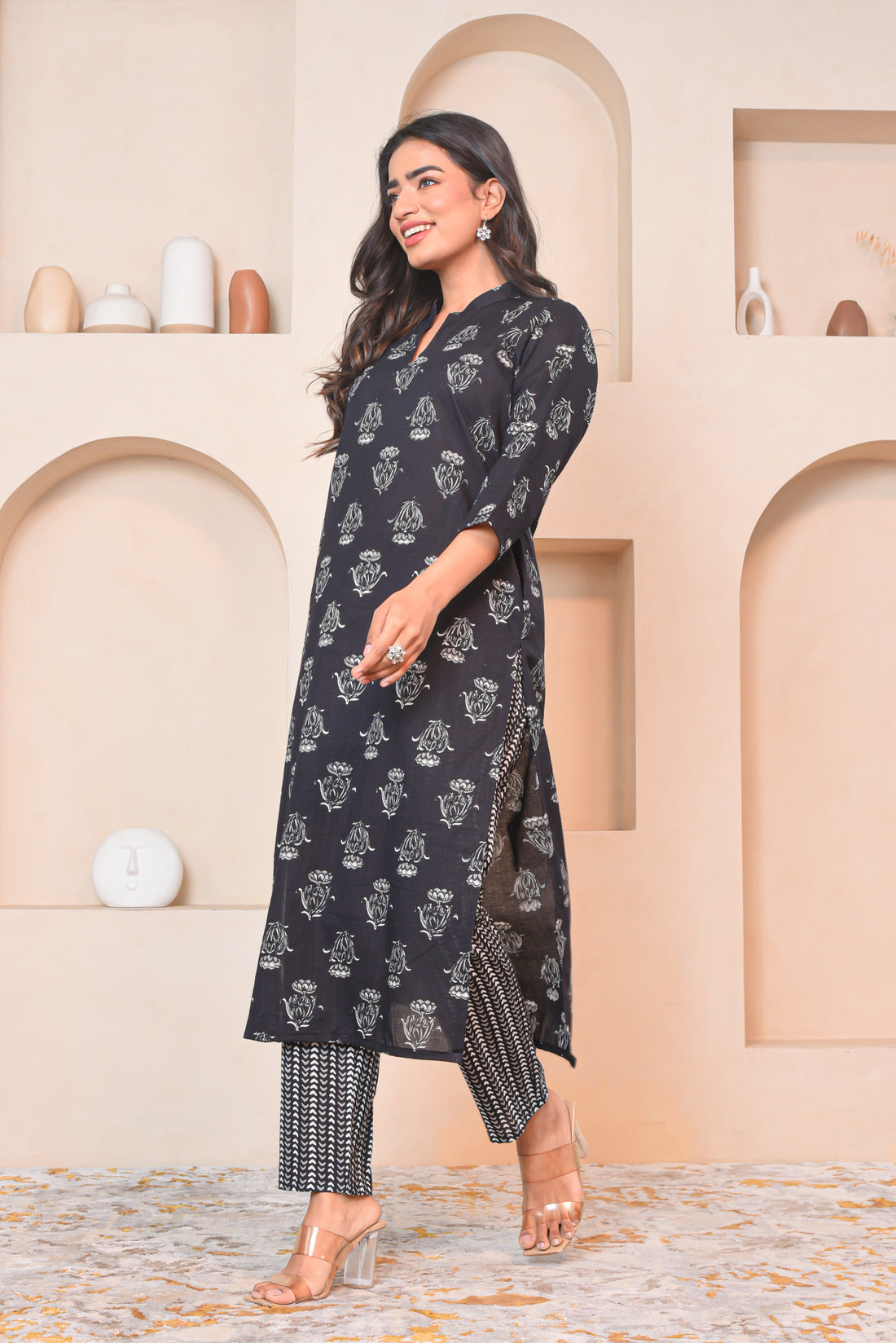 Black Botanics Cotton Kurta Set