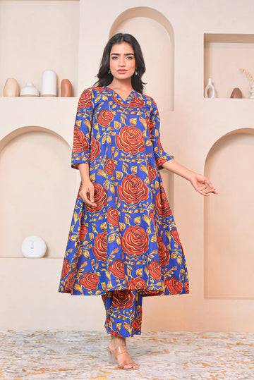 Blue Rose Cotton Kurta Set