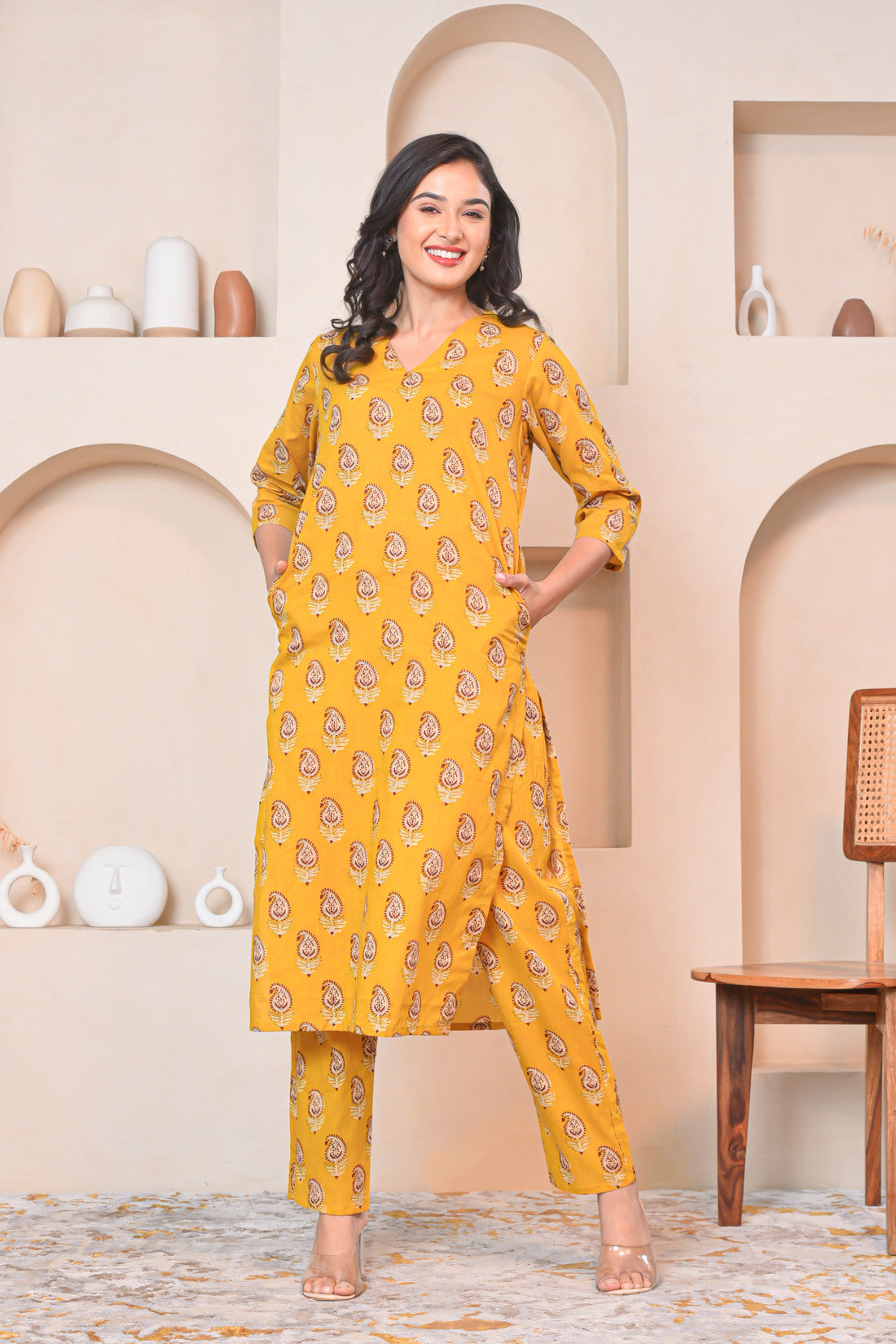Mustard Buti Cotton Kurta Set