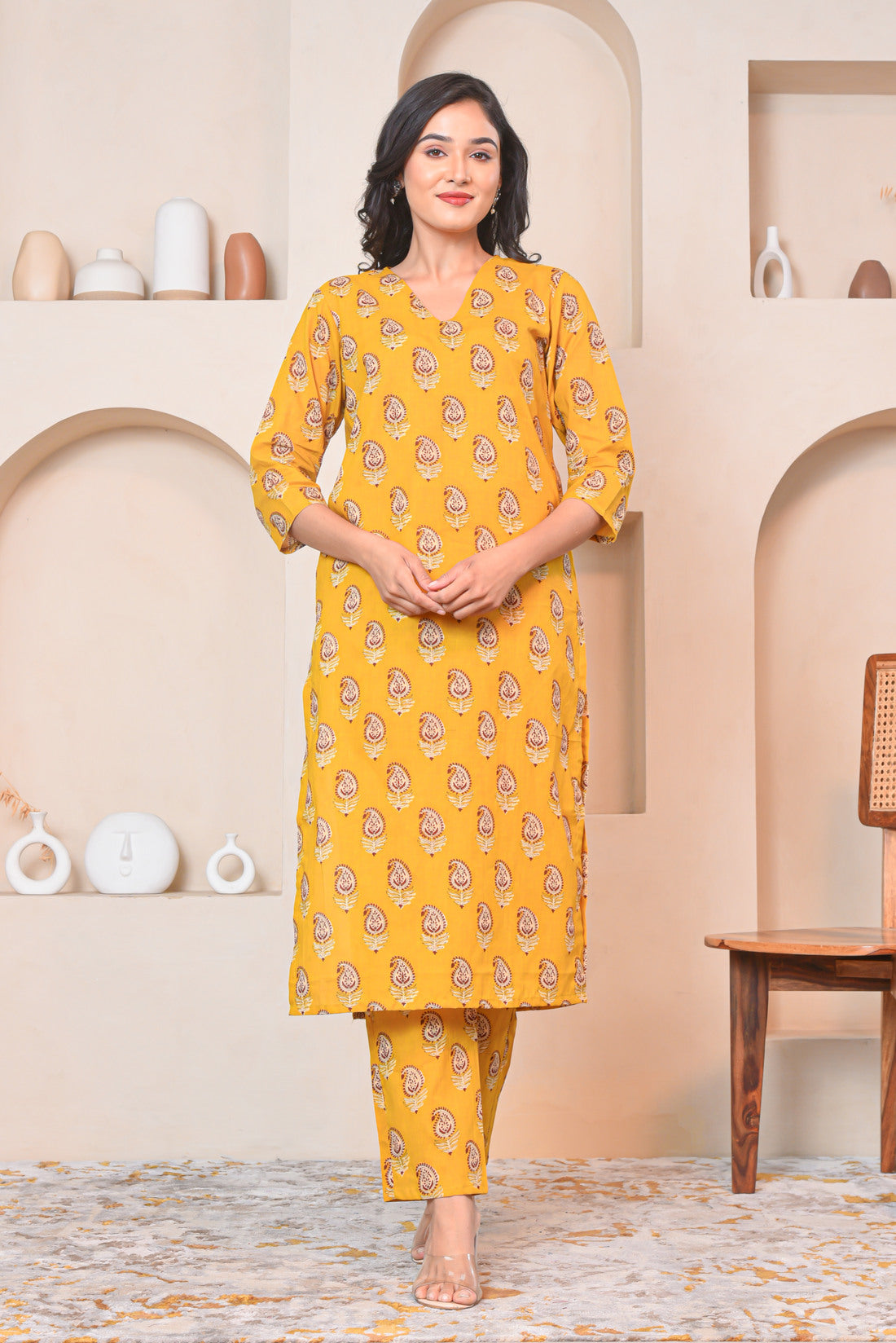 Mustard Buti Cotton Kurta Set