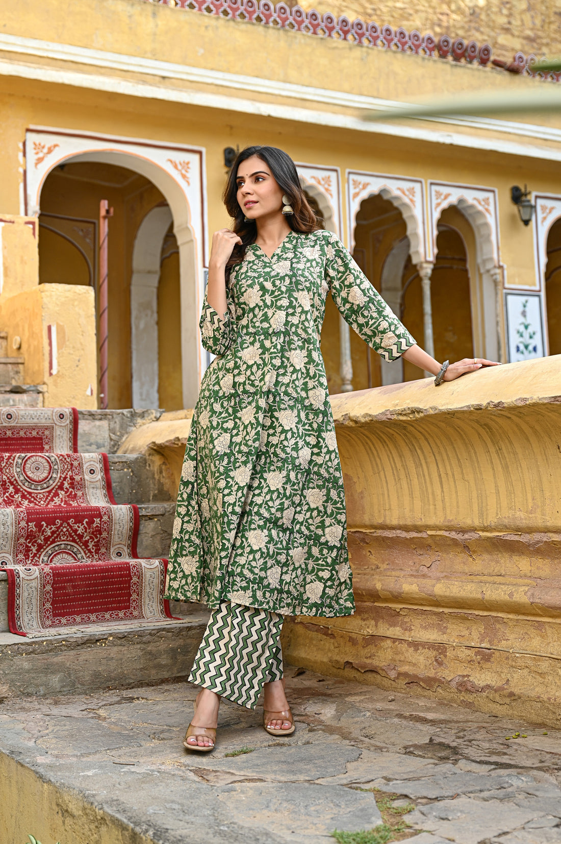 Green Bagru Cotton Kurta Set