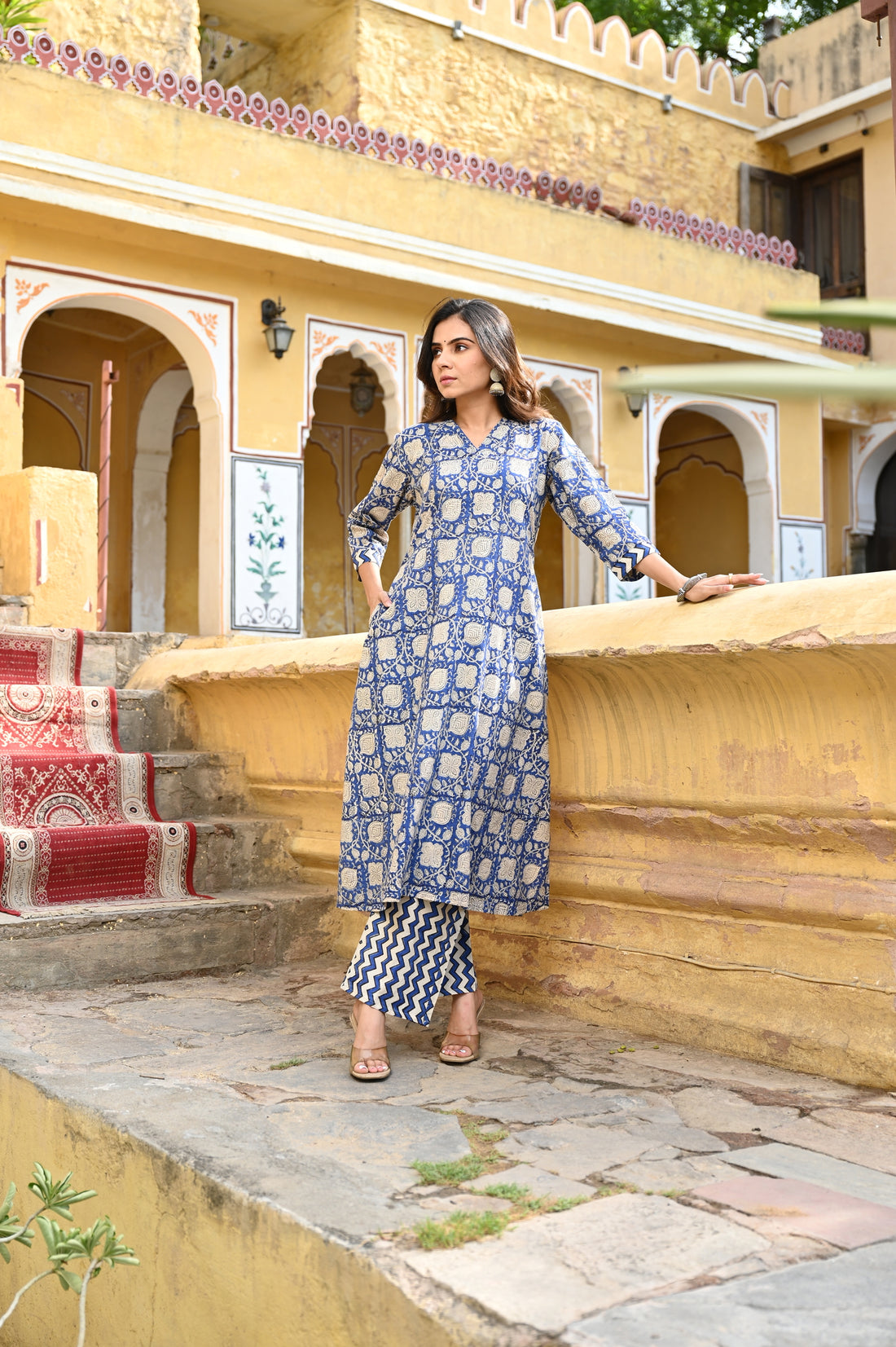 Blue Bagru Cotton Kurta Set