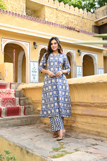 Blue Bagru Cotton Kurta Set