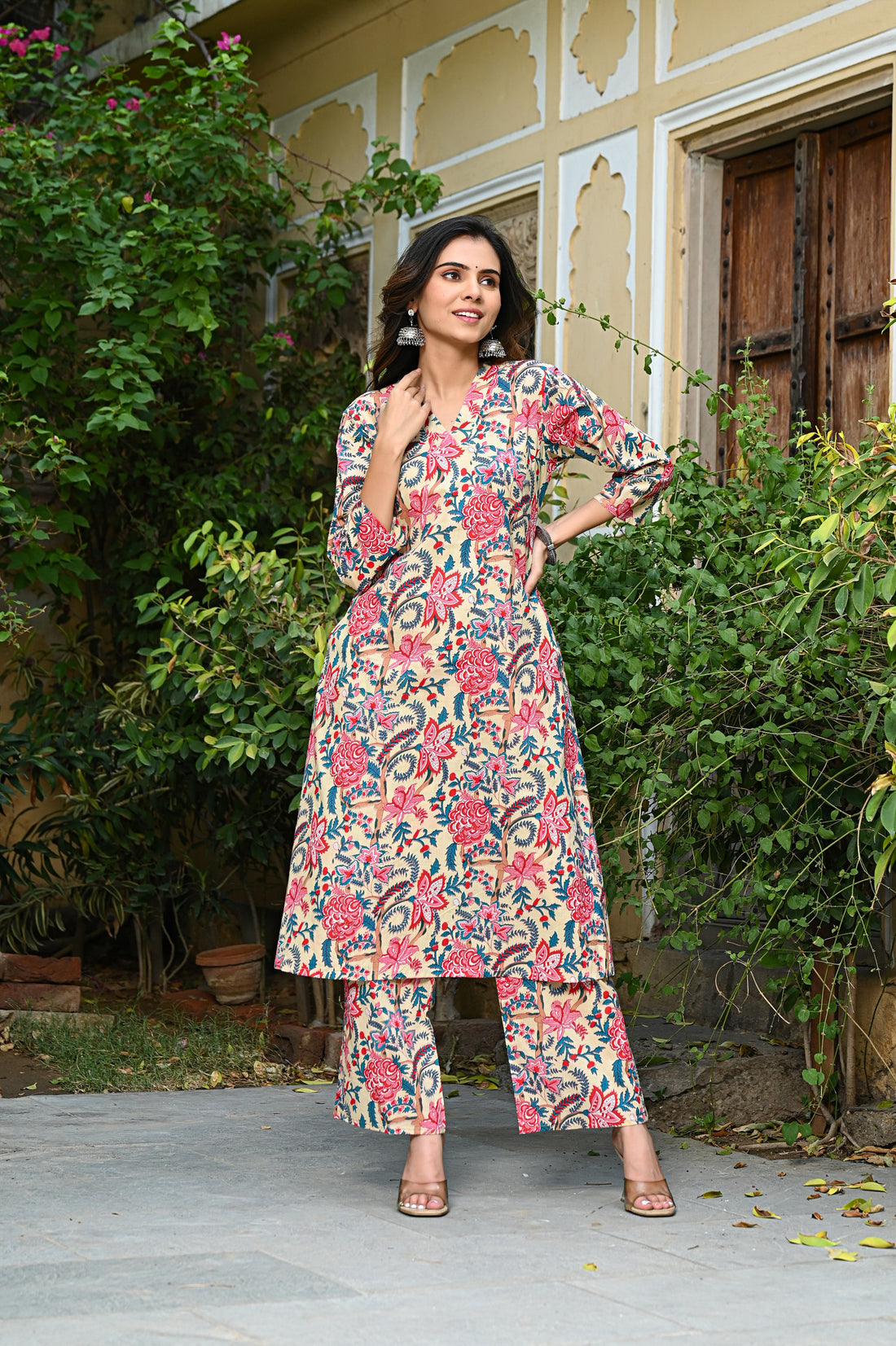 Beige Jaal Cotton Kurta Set