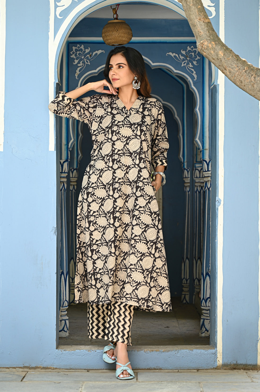 Black Bagru Cotton Kurta Set