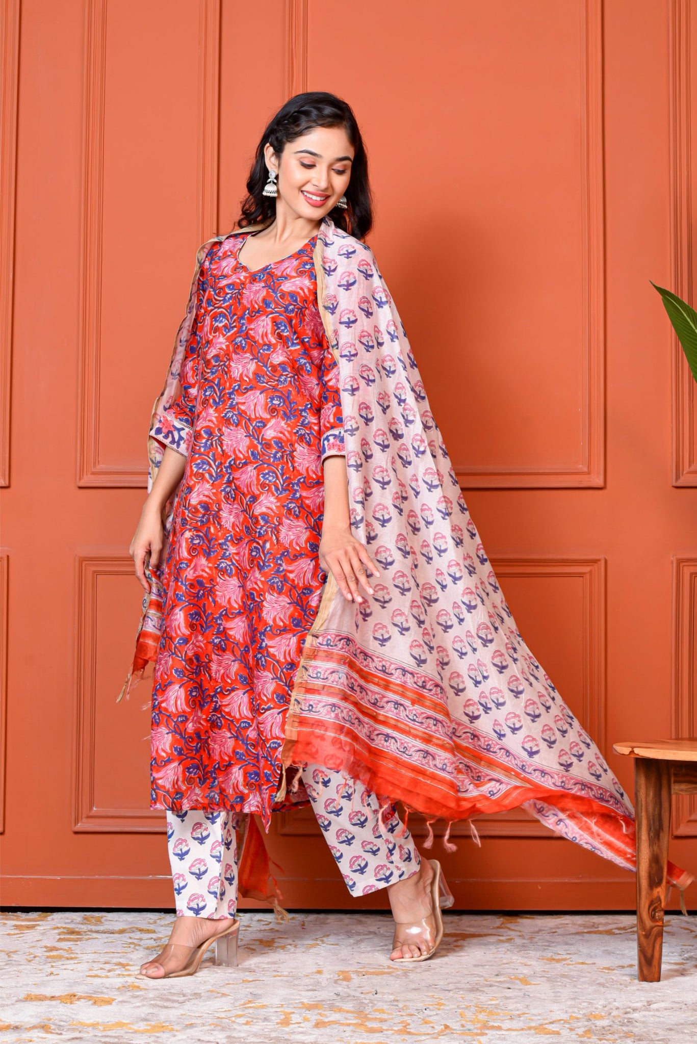 Red Gulbagh Kurta Dupatta Silk Suit Set